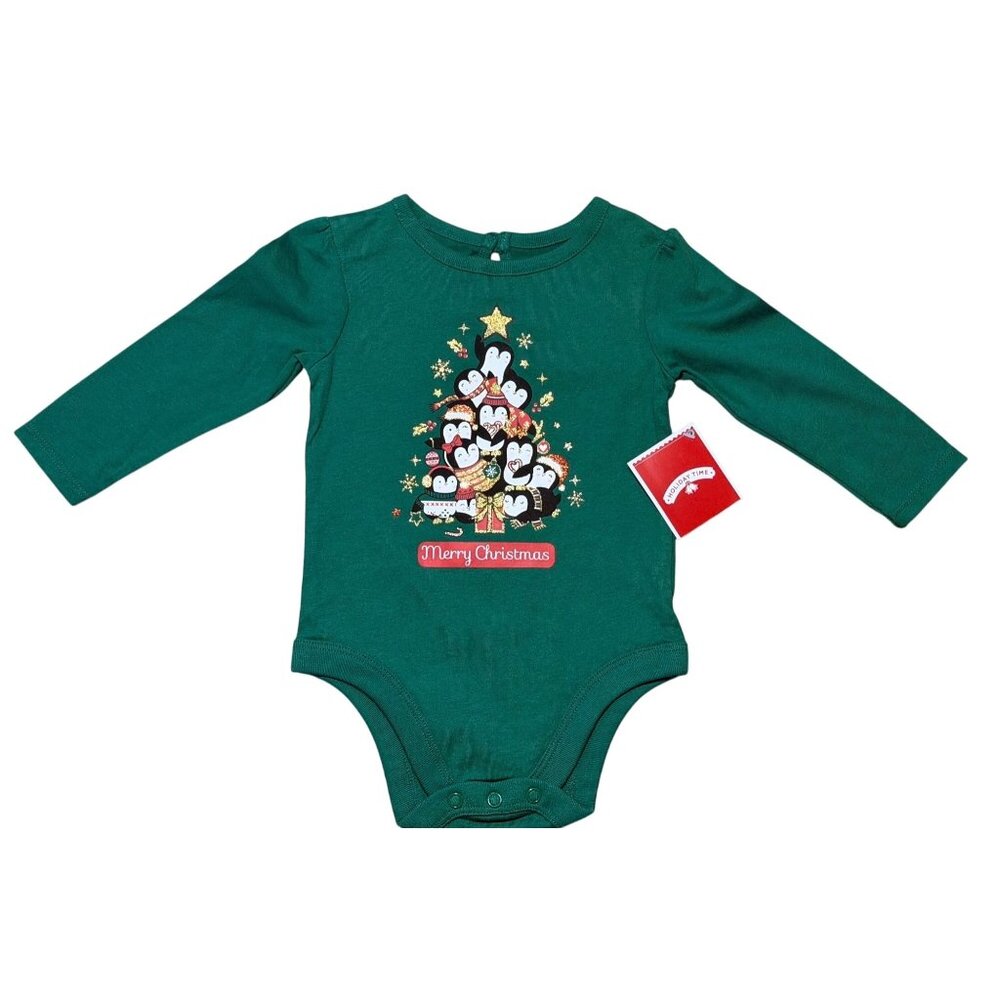 Holiday Time Infant 6-9M Long Sleeve Penguin Christmas Tree Festive Bodysuit 80